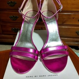 Marc Jacobs pink metallic strappy pumps.